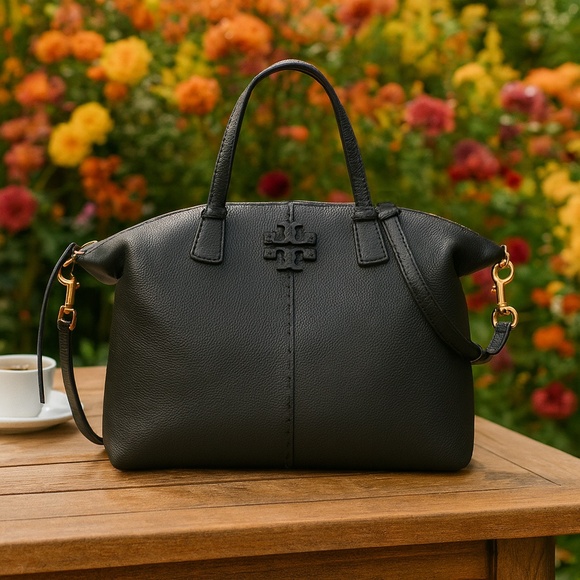 NEW Tory Burch McGraw Black Pebbled Leather Zip Top Satchel/Crossbody Bag